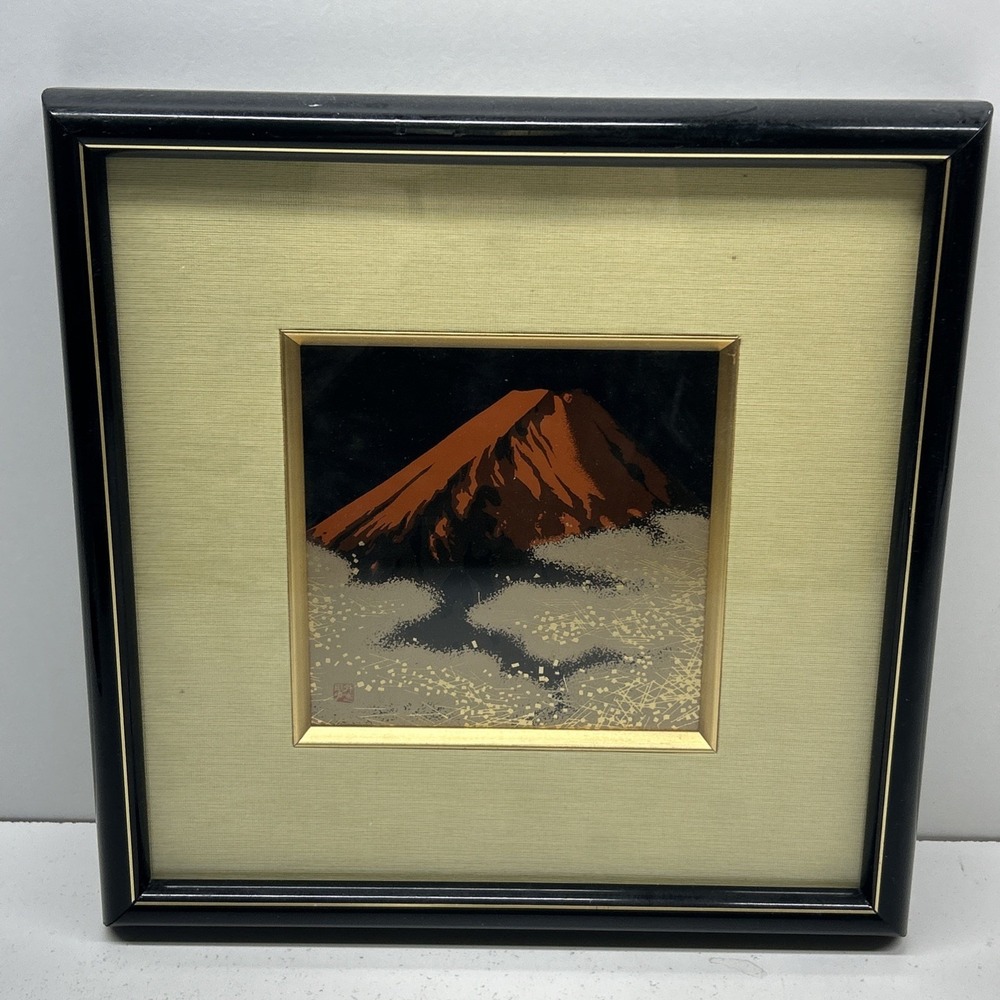 Vintage Japanese Mount Fuji Framed Art w/ Mount Fuji Lava‎ Stone on Back Decor